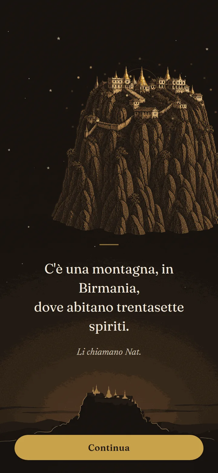 The first screen of the app: Mount Popa at night, where the thirty-seven spirits live.