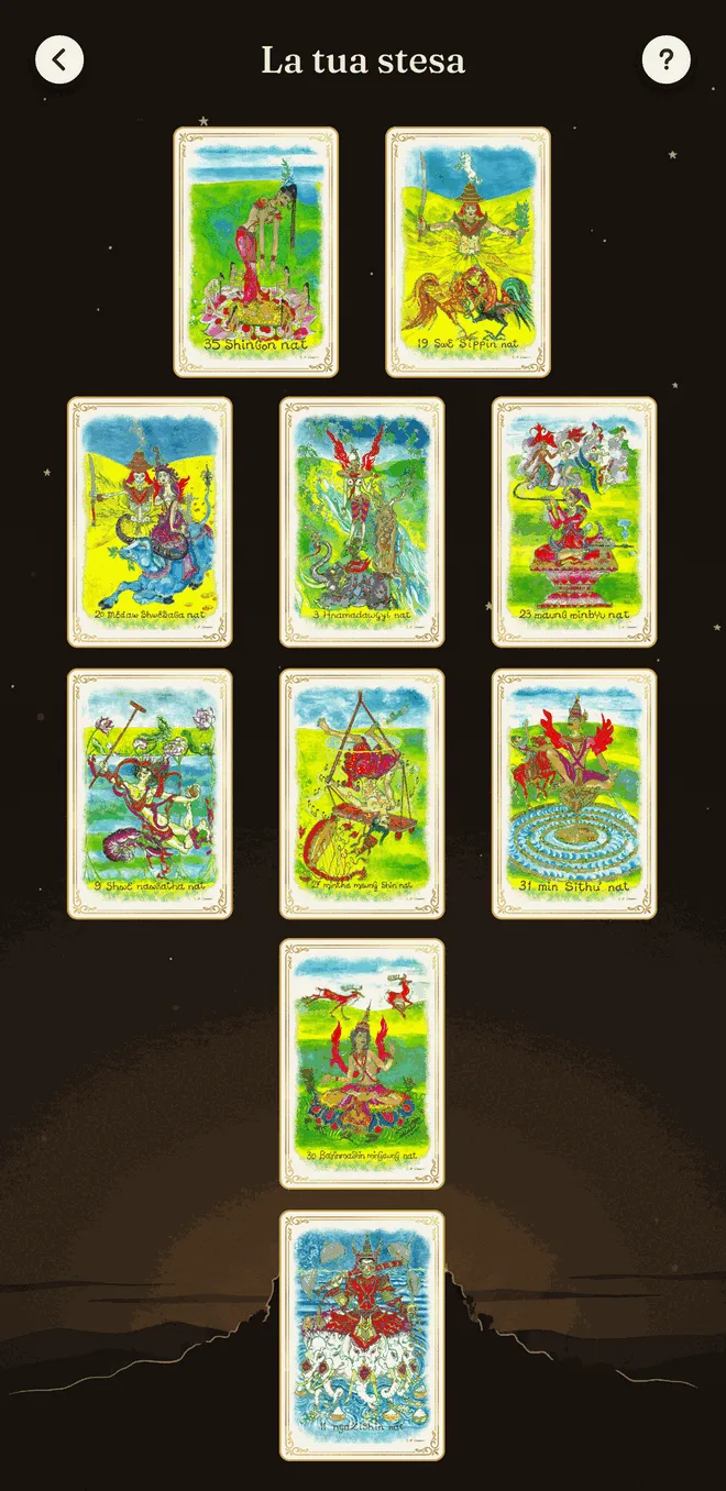 A spread of ten cards laid out during the ritual.